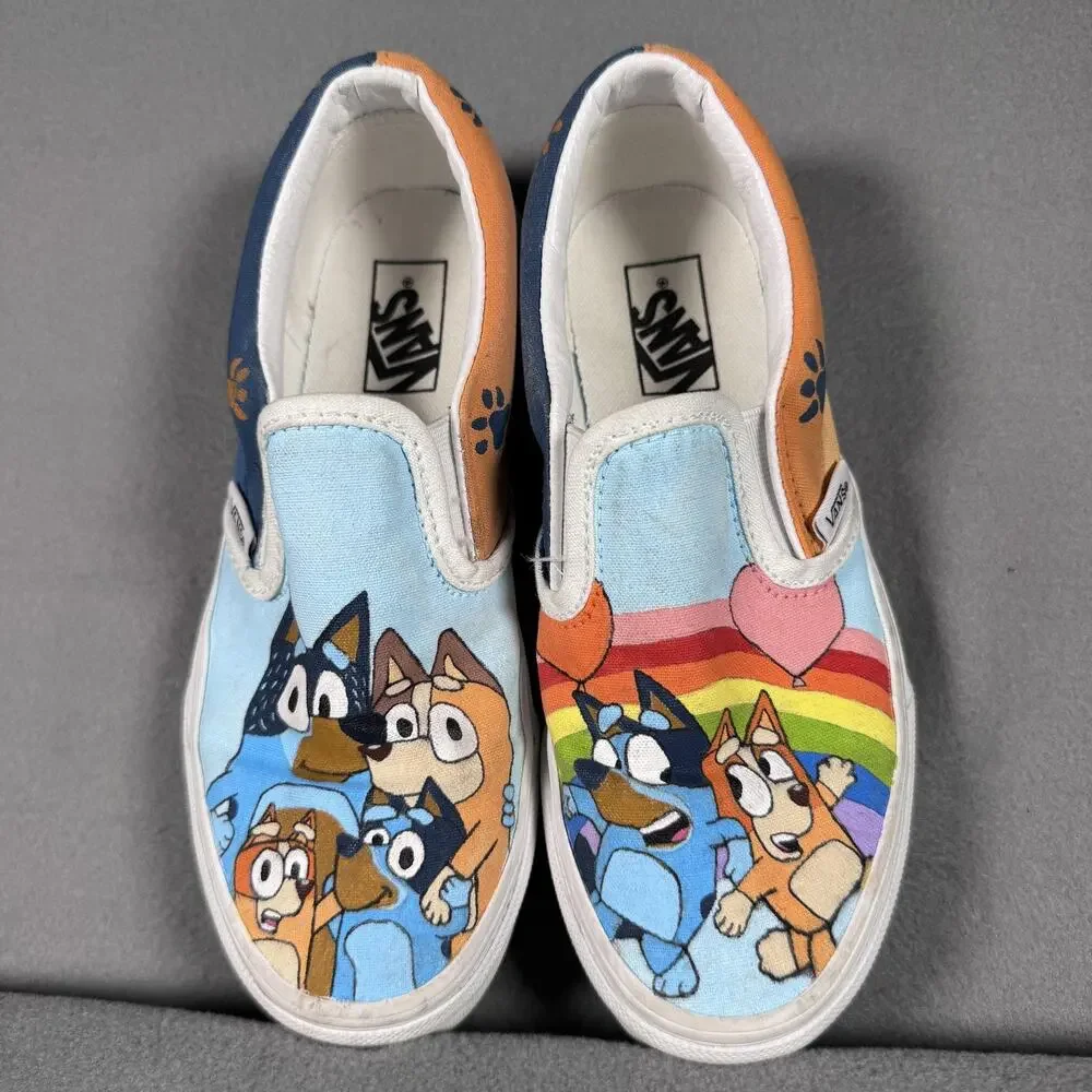 Vans Shoes Kids‎ Size 2 Slip-On Bluey Custom Hand Painted Canvas Paw Print Art